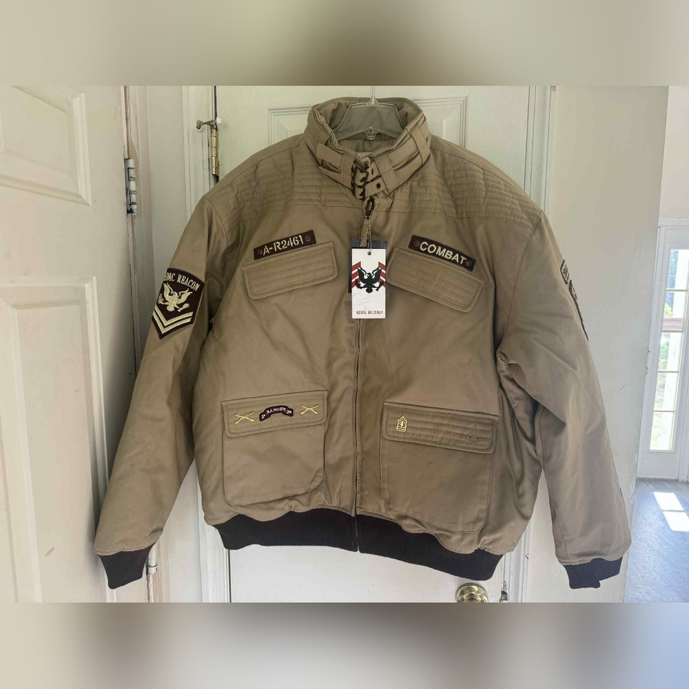 Tan Regal Wear Military Field Jacket with Buckle Collar and Durable Material